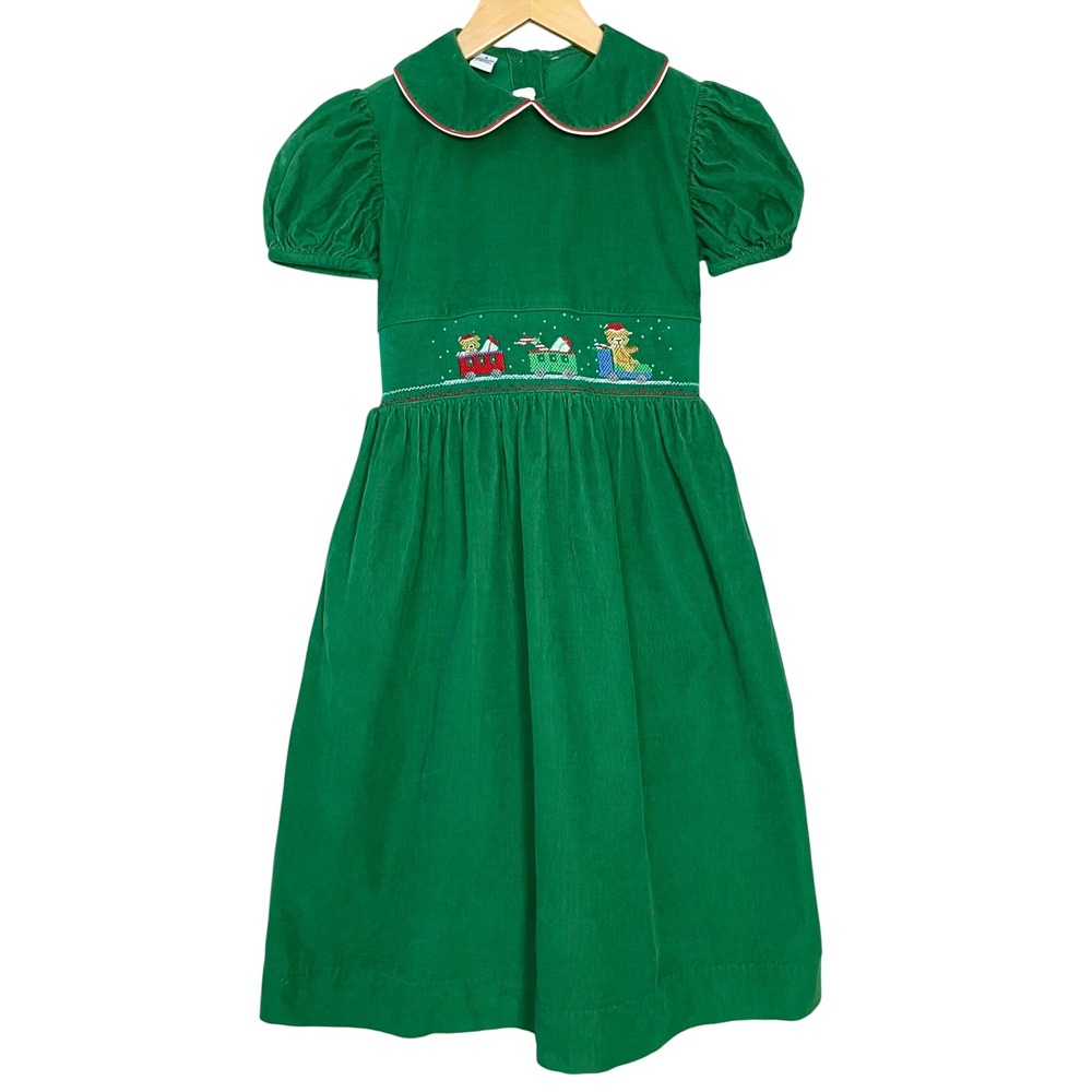 Anavini Christmas Dress Smocked Embroidered Girl Green Corduroy Train Girl 8 Bow